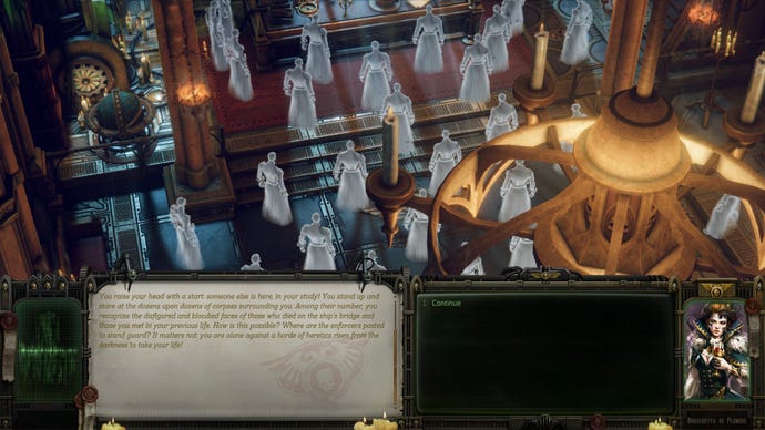A scene in Warhammer 40,000: Rogue Trader, showing the player character being mobbed by spirits.