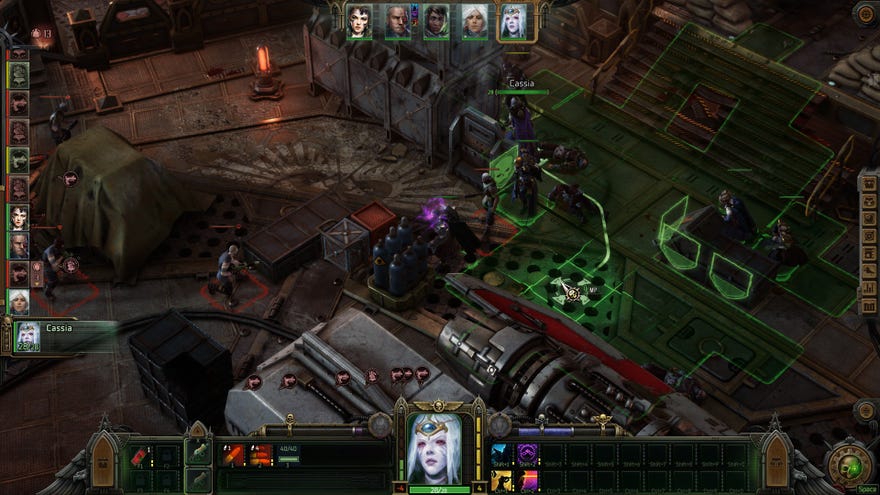 A battle in Warhammer 40,000: Rogue Trader, showing characters taking up position around a small spaceship