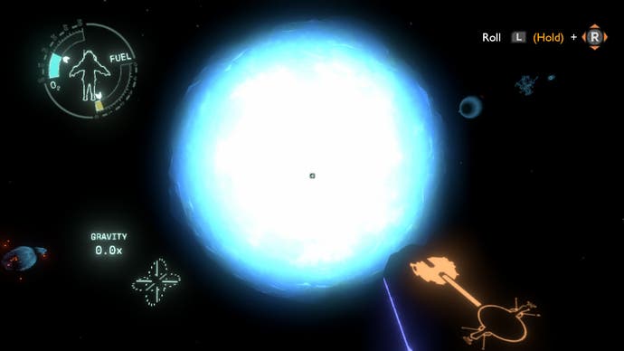 The sun goes supernova in this screen from Outer Wilds.  A huge ball of white light is racing outwards through space.