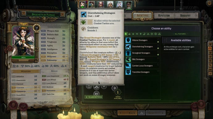 A character upgrade screen in Warhammer 40,000: Rogue Trader, showing area buff options for Grand Strategist class characters