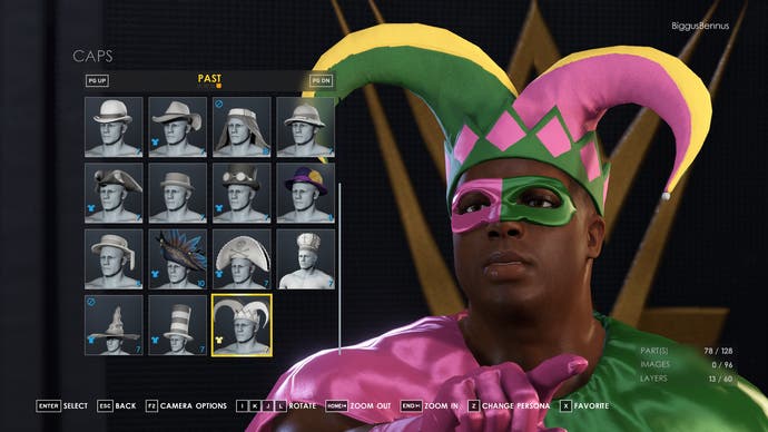 WWE 2K character creator with Black male wrestler in jester outfit