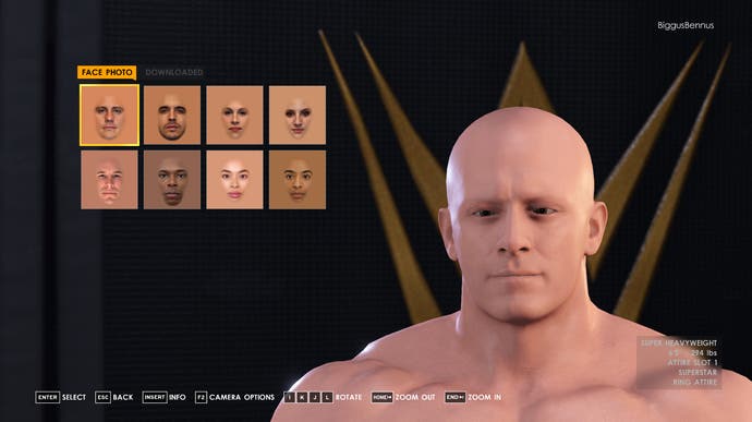 WWE 2K23 character creator showing custom face image upload