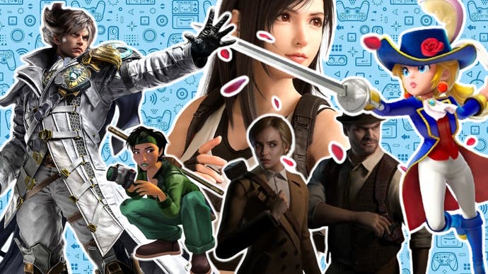 A blue eurogamer background with characters in the foreground: Tifa from Final Fantasy 7, Princess Peach, Jade from Beyond Good and Evil, Emily and Edward from Alone in the Dark, and Lars from Tekken 8.