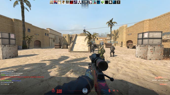 Captura de pantalla de Counter-Strike 2 que muestra un mapa AWP personalizado en un servidor comunitario