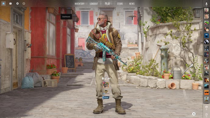 Captura de pantalla de Counter-Strike 2 que muestra el menú principal;  un personaje terrorista sostiene un AK-47 (en realidad un AKM si somos pedantes) de color azul, con elementos de menú y una clasificación de habilidades visibles.