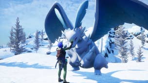 The player pets a large Pal in a snowy biome in Palworld