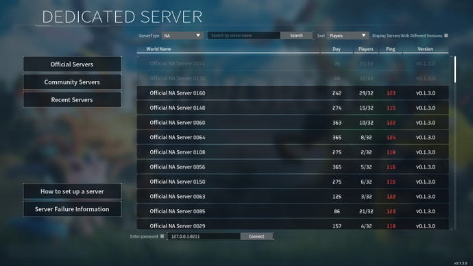 A list of servers in Palworld.