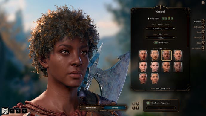 Close up of human character in Baldur's Gate 3 character creator with gender options