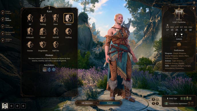 Baldur's Gate 3 character creator showing female warrior character and race options