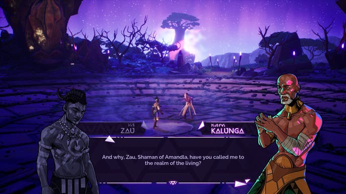 Tales of Kenzera: Zau Captura de pantalla que muestra a Zau conversando con su padre afuera, entre siluetas de árboles y un cielo púrpura brillante.