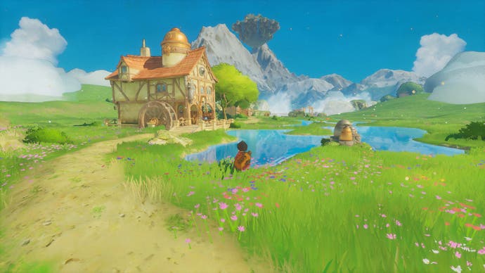 A boy looking at a lakeside cabin in Europa. A tall mountain lingers in the distance, with a floating island nearby