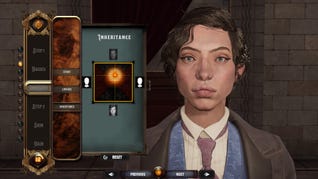 The character creation screen in Nightingale, showing a close-up of a woman's face with a slider controlling how much her face resembles her parents