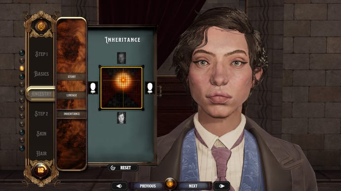The character creation screen in Nightingale, showing a close-up of a woman's face with a slider controlling how much her face resembles her parents