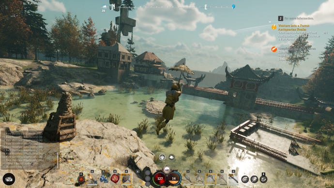 A player flying over swamplands in Nightingale