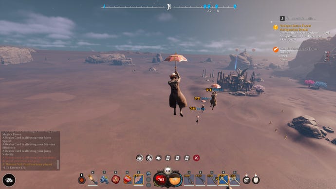 A group of Nightingale players gliding over a desert using their umbrellas