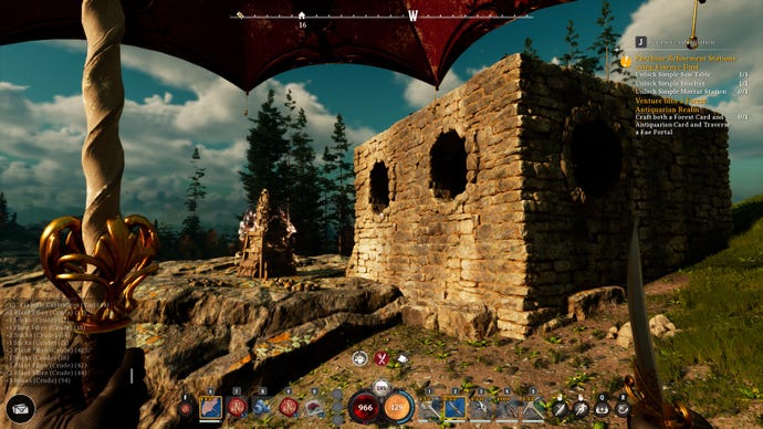 The exterior of a small stone player-created house in Nightingale. The player is holding a red umbrella and a knife.