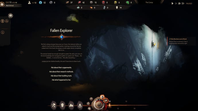 A story event from The Tribe Must Survive, with text describing an encounter with a dying explorer who has research secrets to share