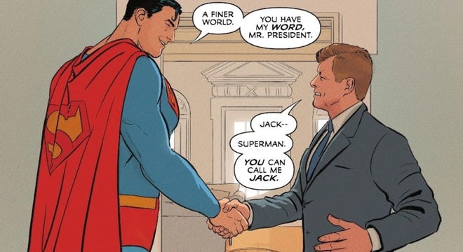 An illustration of Superman shaking hands with Jack Kennedy