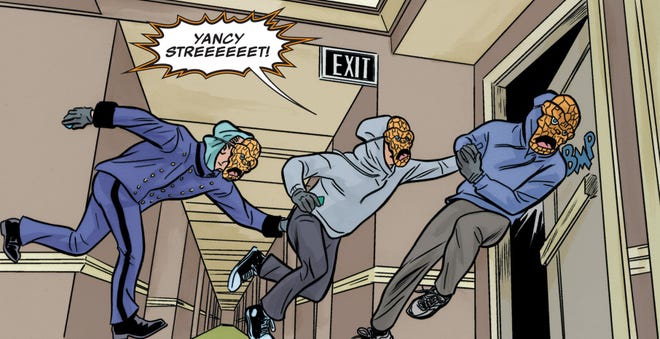 Three members of the Yancy Street Gang wearing Thing masks running out of an exit