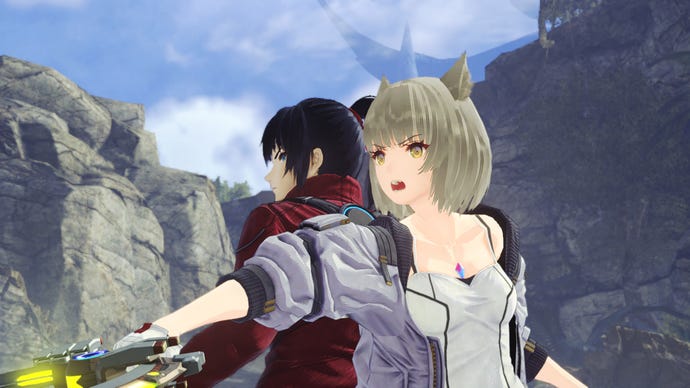 Noah and Mio stand back to back and prepare for battle in Xenoblade Chronicles 3.
