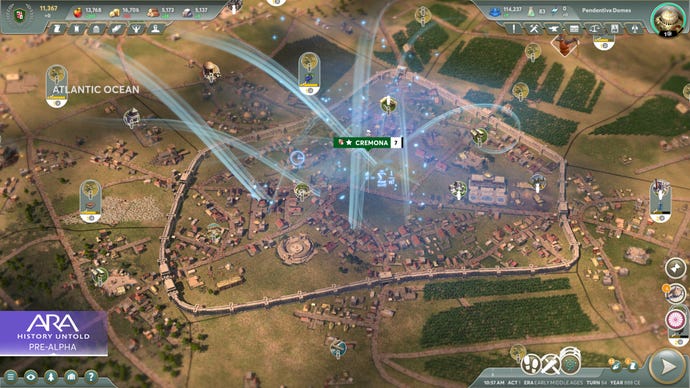 A screenshot of Ara: History Untold, showing a walled city with blue UI elements floating above it.
