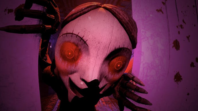 A demonic wooden puppet sticking its head through closing elevator doors in KnifePlayground.
