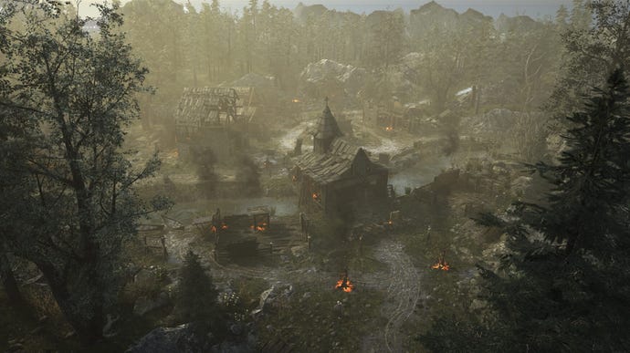 Ein Screenshot aus dem rundenbasierten Taktik-RPG Beast, der ein Dorf zwischen Bäumen von oben zeigt.