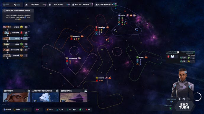 A zoomed-out shot of several planetary empires in Stellaris Nexus