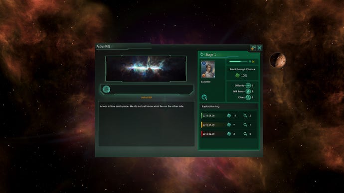 Ein Screenshot des Stellaris Astral Rift DLC, der ein Story-Fenster über die Entstehung eines Risses zeigt