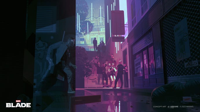 Konzeptkunst für das Spiel Arkane's Blade, die Blade zeigt, wie er in einer Gasse kauert und den Eingang eines Nachtclubs mit Menschenmassen draußen beobachtet