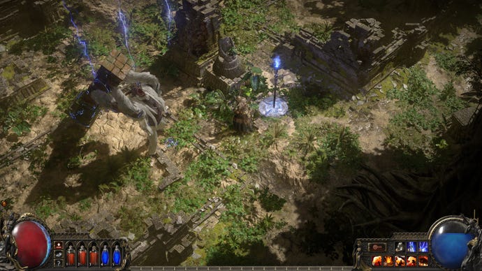 A green rocky landscape in Path of Exile 2 with some floating blue structures in the middle