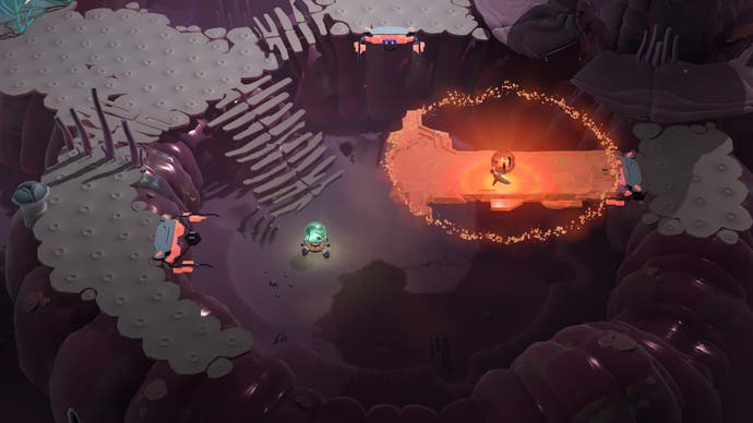 Le personnage du joueur insecte utilise une bille du monde pour générer un pont dans Cocoon de Geographic Interactive.