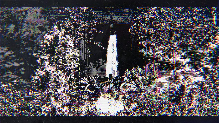 A screenshot of indie horror sim My Work Is Not Yet Done, showing a black-and-white perspective of a waterfall.