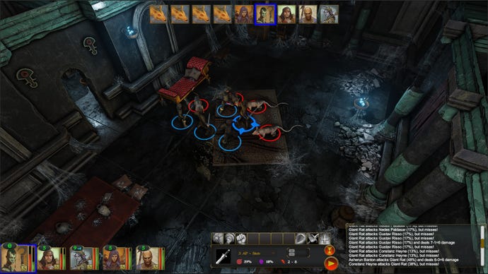Eine Schlacht in Archaelund von 4 Dimension Games, die eine Gruppe von Charakteren zeigt, die in einer Ruine gegen Ratten kämpfen, in der Draufsicht