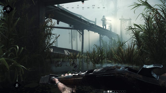 A player lurking under a bridge in Hunt: Showdown, hoping to catch another off guard