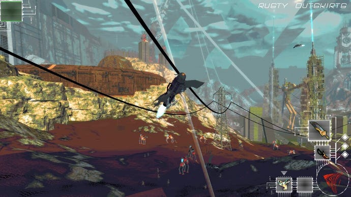 A screenshot from the V.A Proxy demo, showing an aerial view of a post-apocalyptic world with a flying robot bird in the centre