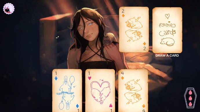 Ein Screenshot einer Visual Novel, in der die Spielerfigur von ihrer Freundin lebendig begraben wird und ein unterirdisches Kartenspiel mit Ratten zeigt