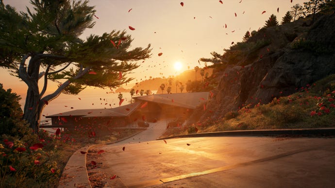 Ein Screenshot des Haus-DLC von Dead Island 2, der die Straße zum Titelhaus vor dem Sonnenuntergang zeigt.