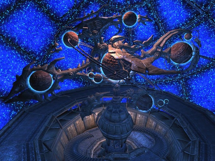 Ein Orrery in The Elder Scrolls IV: Oblivion, mit Planeten auf Metallholmen vor einem blauen Hintergrund.