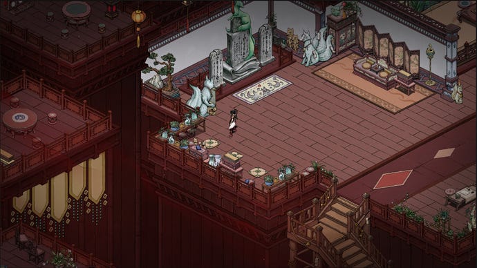 A screen from Realm of Ink showing an ornate interior with statues, floor mats and standing ceramics