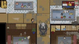 A screenshot of life management sim Spirittea, showing a skull-faced spirit floating through the corridors of a rundown bathhouse