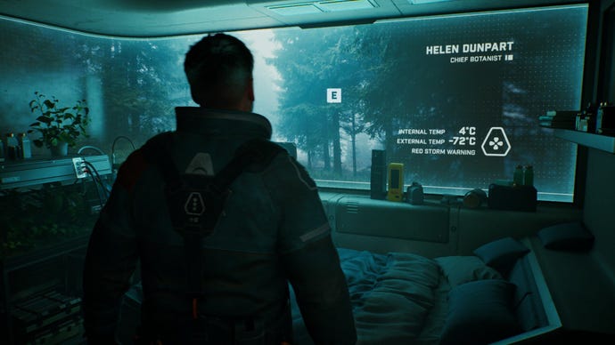 Player character Jack looking at a holographic "window" of a forest in somebody's personal quarters in spooky space game Fort Solis.
