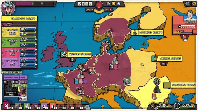 Ein Screenshot der Fabulous Fear Machine, der den Spieler zeigt, wie er versucht, in Westeuropa Massenhysterie auszulösen.