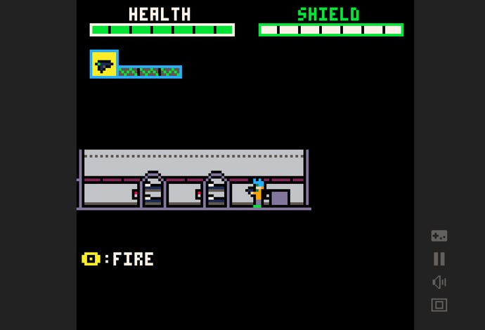 A corridor environment from joeAmerica Gayms' PICO-8 shooter Starfield, not to be confused with the Bethesda game of the same name.