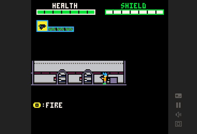 A corridor environment from joeAmerica Gayms' PICO-8 shooter Starfield, not to be confused with the Bethesda game of the same name.