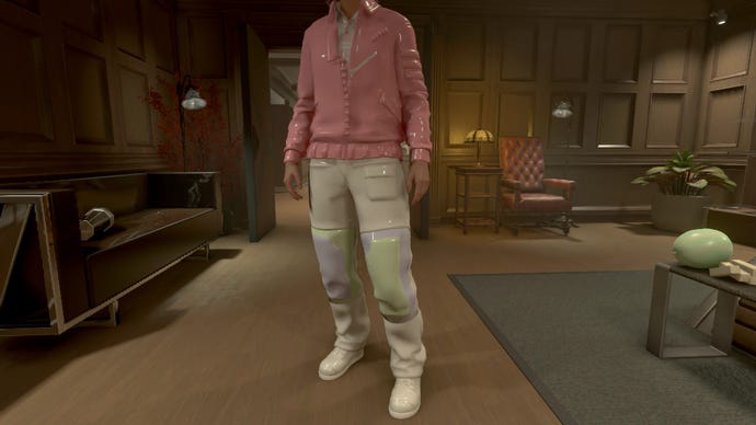 Ein Charakter in Starfield, auf den der niedliche Saccharinity of Starfield-Mod angewendet wurde, wodurch seine Kleidung rosa und plastikartig wird