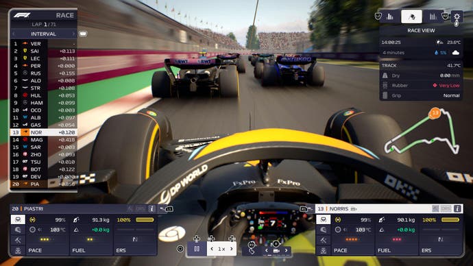 Captura de pantalla de revisión de F1 Manager 2023, cámara superior para Lando Norris que muestra un Alpine y Williams adelante.