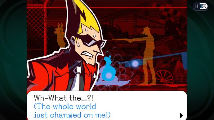 Ghost Trick: Phantom Detective review screenshot, Sissel in ghost mode expressing shock at his sudden circumstances.