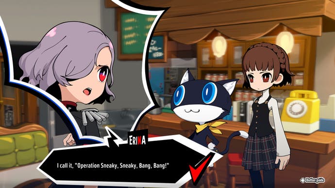 Otro momento de conversación en Persona 5 Tactica.  Un personaje felino y un personaje femenino en una especie de café, hablan con un personaje femenino de cabello gris, Erin, cuyo rostro se destaca en una caja de cómic con bordes irregulares.