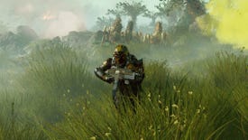 A single Helldivers 2 soldier running through long vegetation with bug monsters chasing them